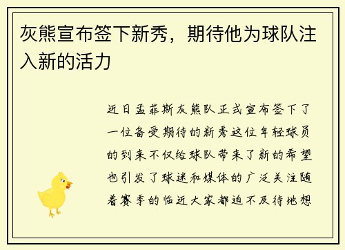 灰熊宣布签下新秀，期待他为球队注入新的活力