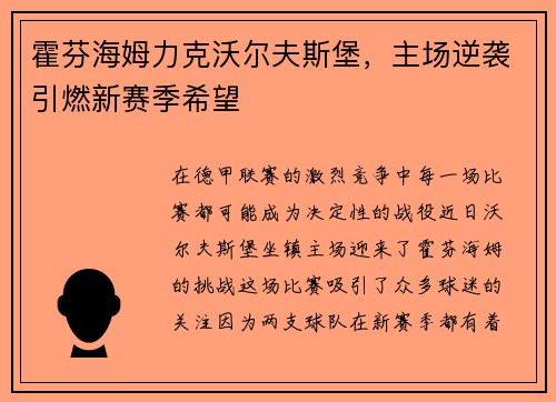 霍芬海姆力克沃尔夫斯堡，主场逆袭引燃新赛季希望