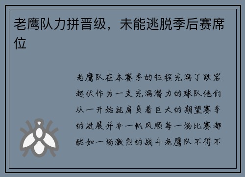 老鹰队力拼晋级，未能逃脱季后赛席位